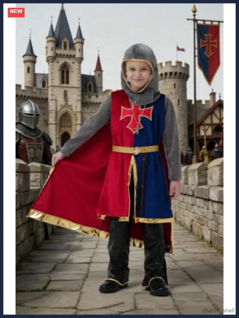 8 Pc Medieval Knight Costume Set Boys Girls Hood Tunic Cloak Shield Sword